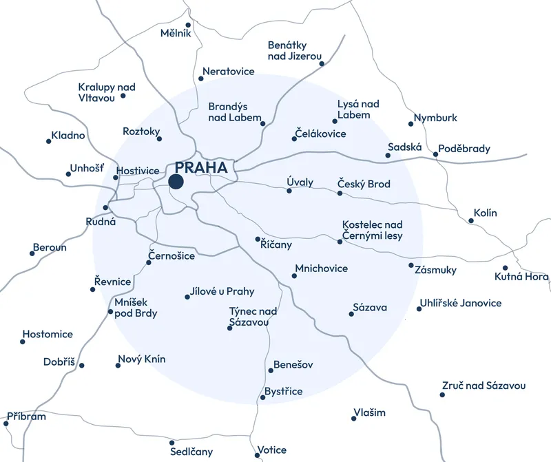 Mapa oblasti působení — Praha, Říčany a okolí do 30 km
